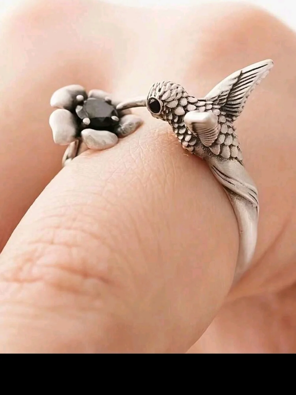 Hummingbird Ring with Flower Accent - Silver Tone